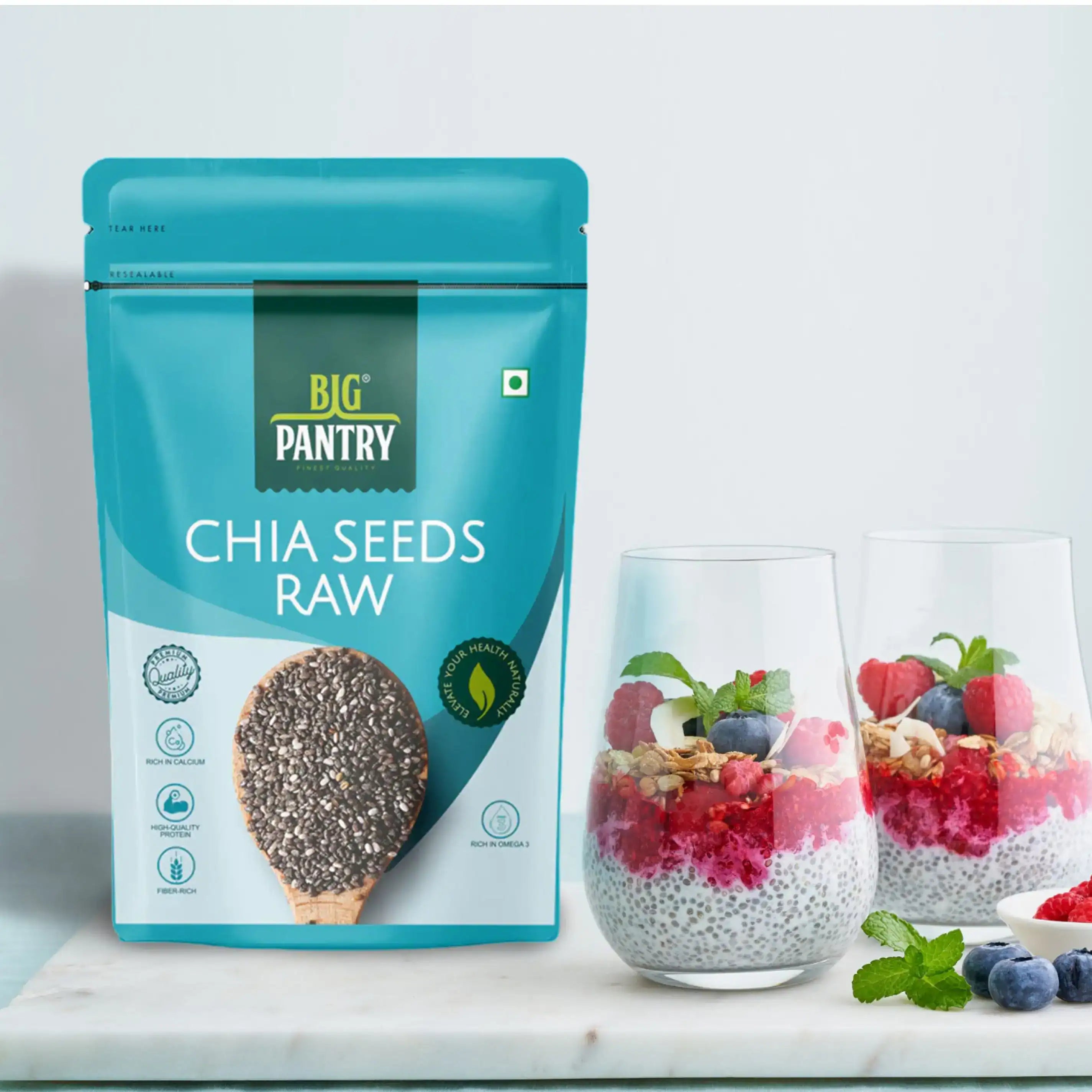 Big Pantry seed pack 200g pouches — Chia, Basil, Flax and Pumpkin seeds laid out